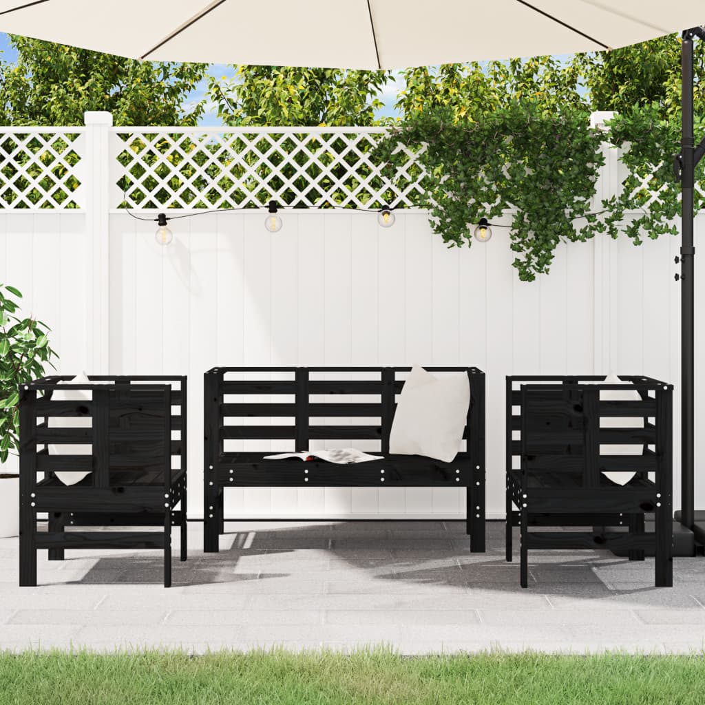 3-tlg. Garten-Lounge-Set Schwarz Massivholz Kiefer